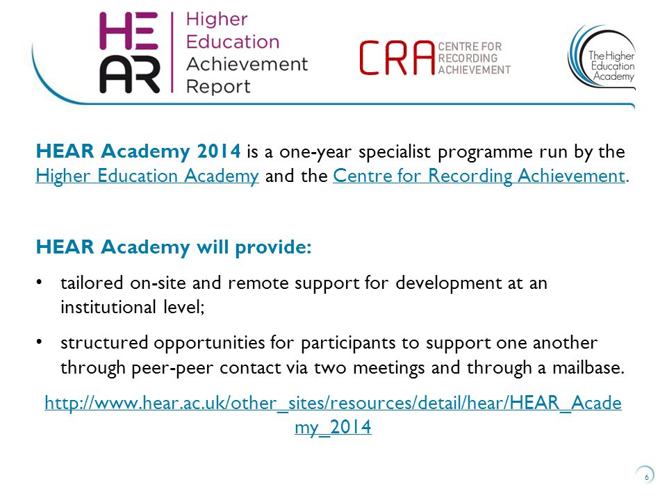 HEAR Academy 2014 is a one-year specialist programme run by the Higher Education Academy and the Centre for Recording Achievement.