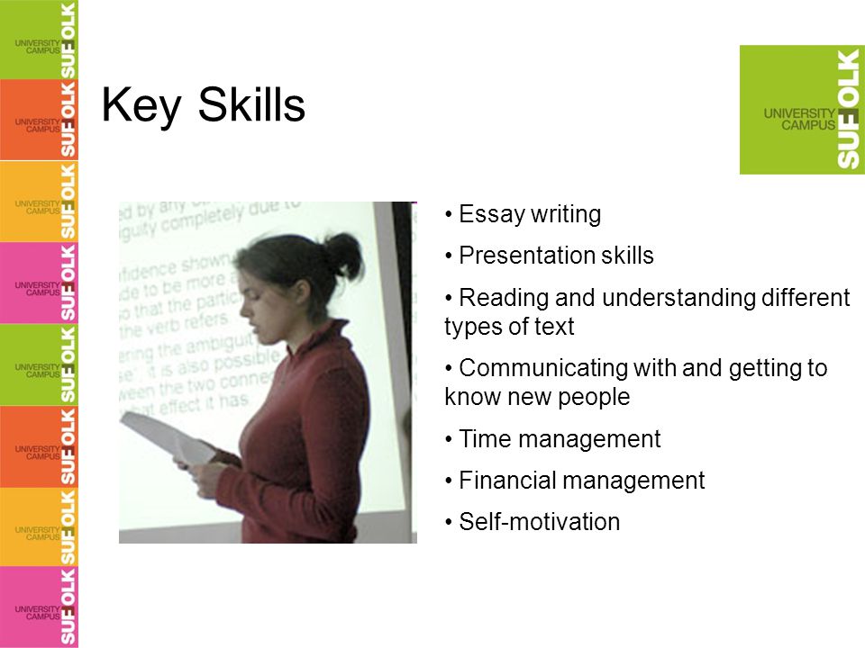 Key Skills Essay writing Presentation skills Reading and understanding different types of text Communicating with and getting to know new people Time management Financial management Self-motivation