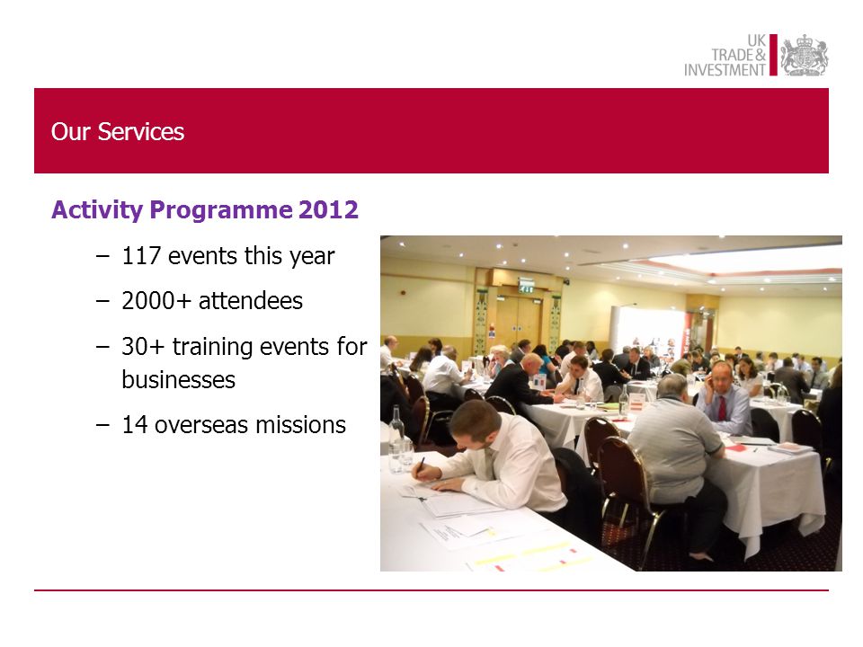 Our Services Activity Programme 2012 –117 events this year –2000+ attendees –30+ training events for businesses –14 overseas missions