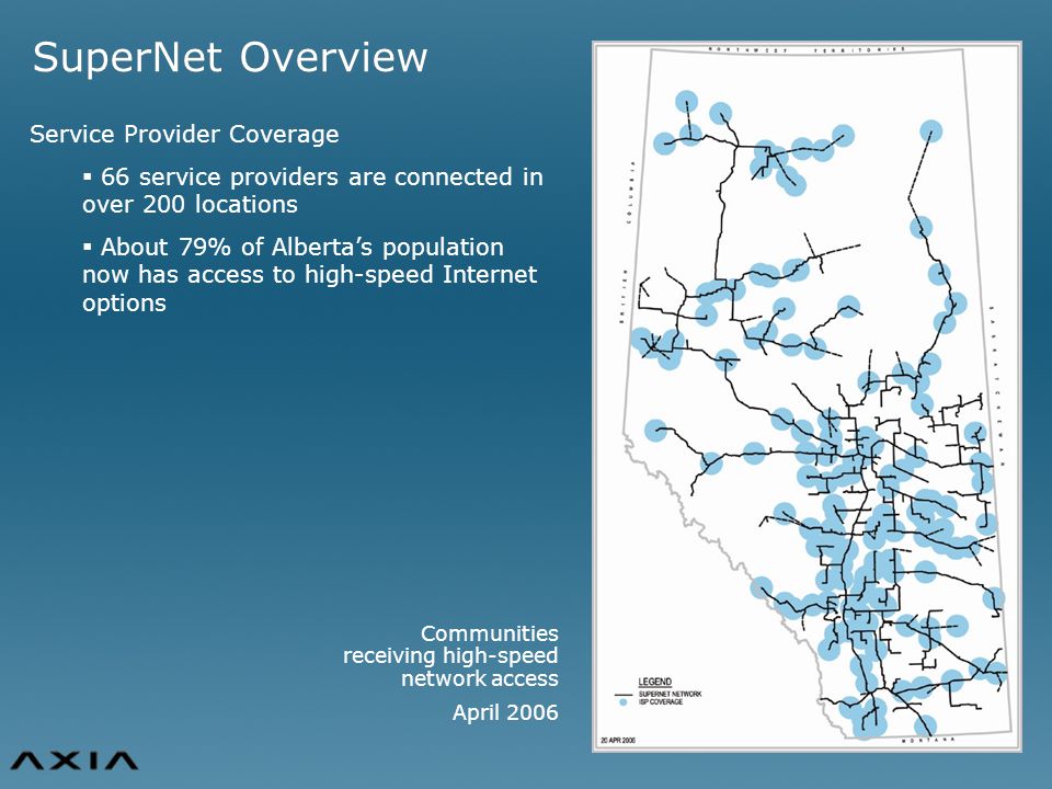 Communities receiving high-speed network access April 2006 Service Provider Coverage  66 service providers are connected in over 200 locations  About 79% of Alberta’s population now has access to high-speed Internet options