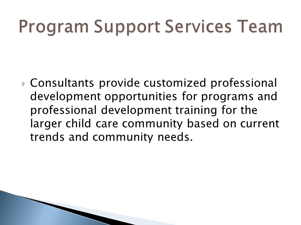  Consultants provide customized professional development opportunities for programs and professional development training for the larger child care community based on current trends and community needs.