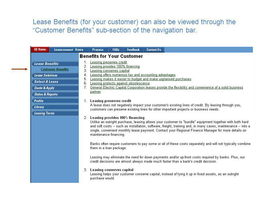 Lease Benefits (for your customer) can also be viewed through the Customer Benefits sub-section of the navigation bar.