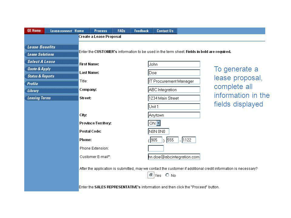 To generate a lease proposal, complete all information in the fields displayed