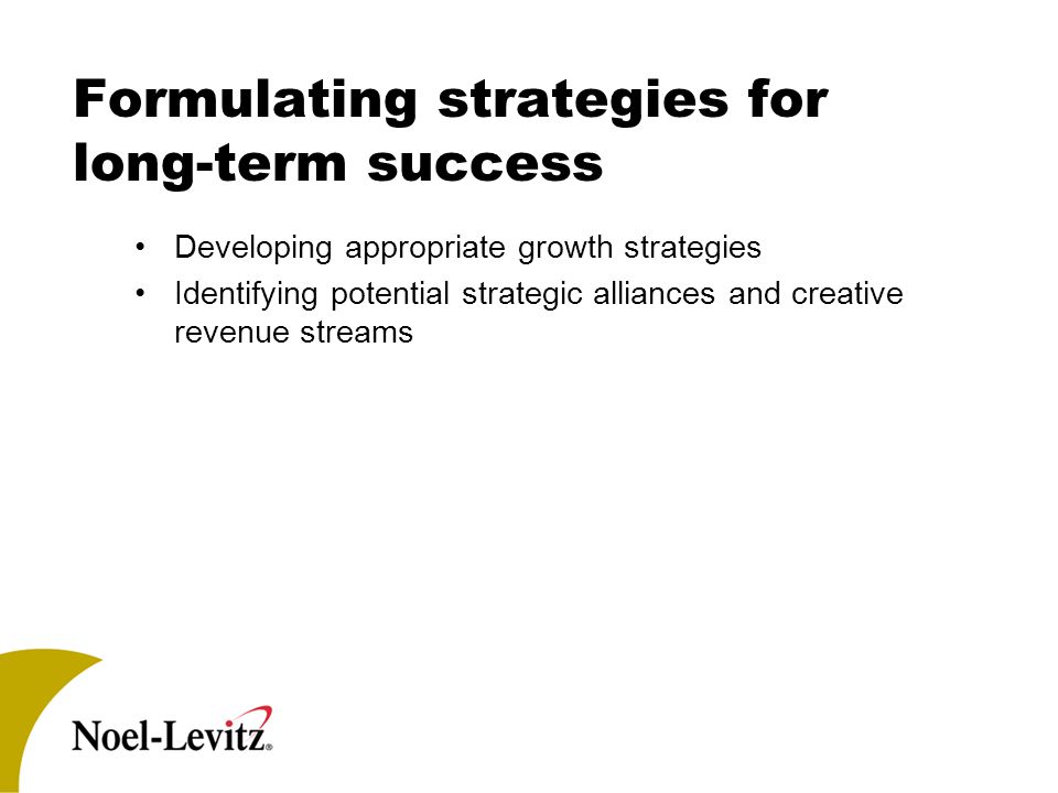 Formulating strategies for long-term success Developing appropriate growth strategies Identifying potential strategic alliances and creative revenue streams