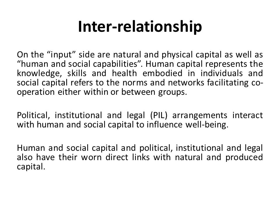 Inter-relationship On the input side are natural and physical capital as well as human and social capabilities .