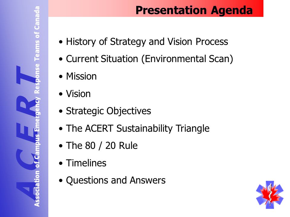 History of Strategy and Vision Process Current Situation (Environmental Scan) Mission Vision Strategic Objectives The ACERT Sustainability Triangle The 80 / 20 Rule Timelines Questions and Answers Presentation Agenda A C E R T Association of Campus Emergency Response Teams of Canada