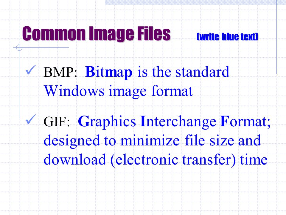 Common Image Files (write blue text) BMP: Bitmap is the standard Windows image format GIF: Graphics Interchange Format; designed to minimize file size and download (electronic transfer) time