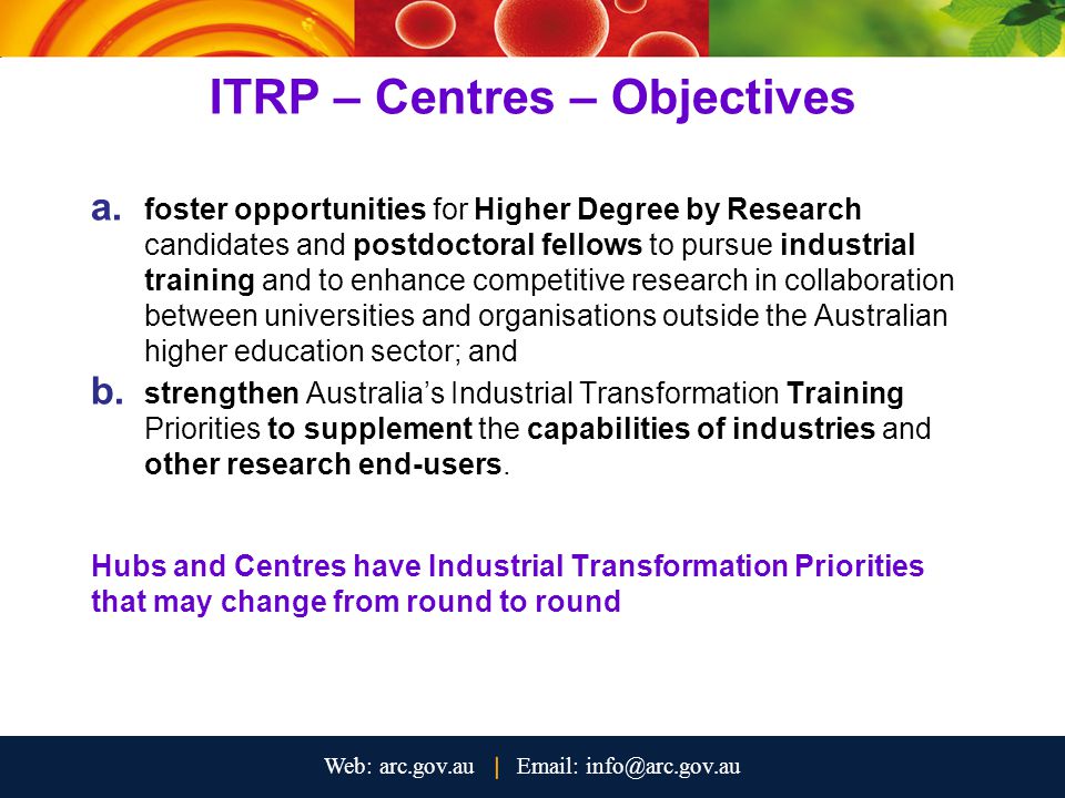 ITRP – Centres – Objectives a.