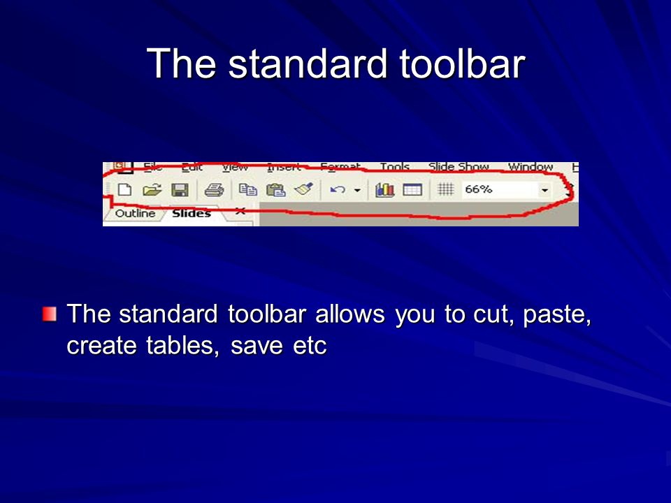 The Toolbar The top of the PowerPoint screen highlights some of the different features available on your slides.