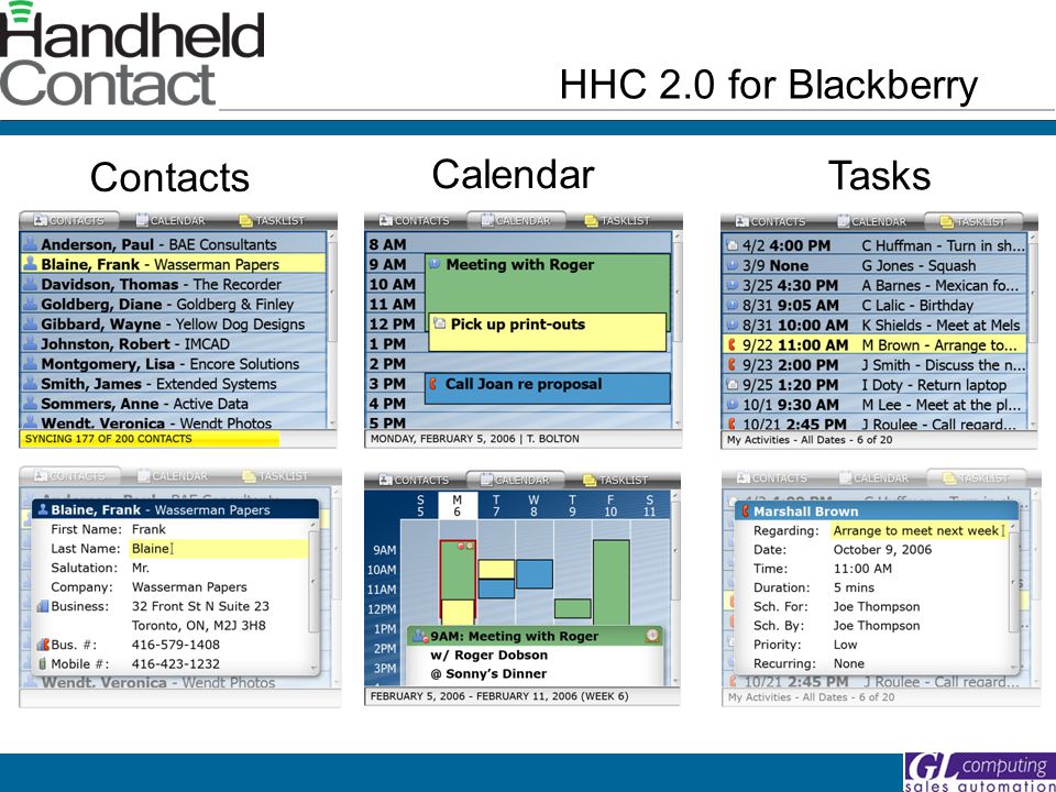 Contacts Calendar HHC 2.0 for Blackberry Tasks