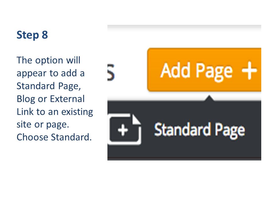 Step 8 The option will appear to add a Standard Page, Blog or External Link to an existing site or page.