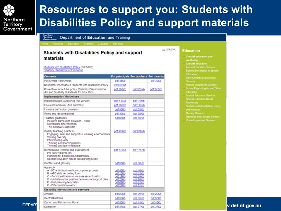 DEPARTMENT OF EMPLOYMENT, EDUCATION AND TRAINING   Resources to support you: Students with Disabilities Policy and support materials