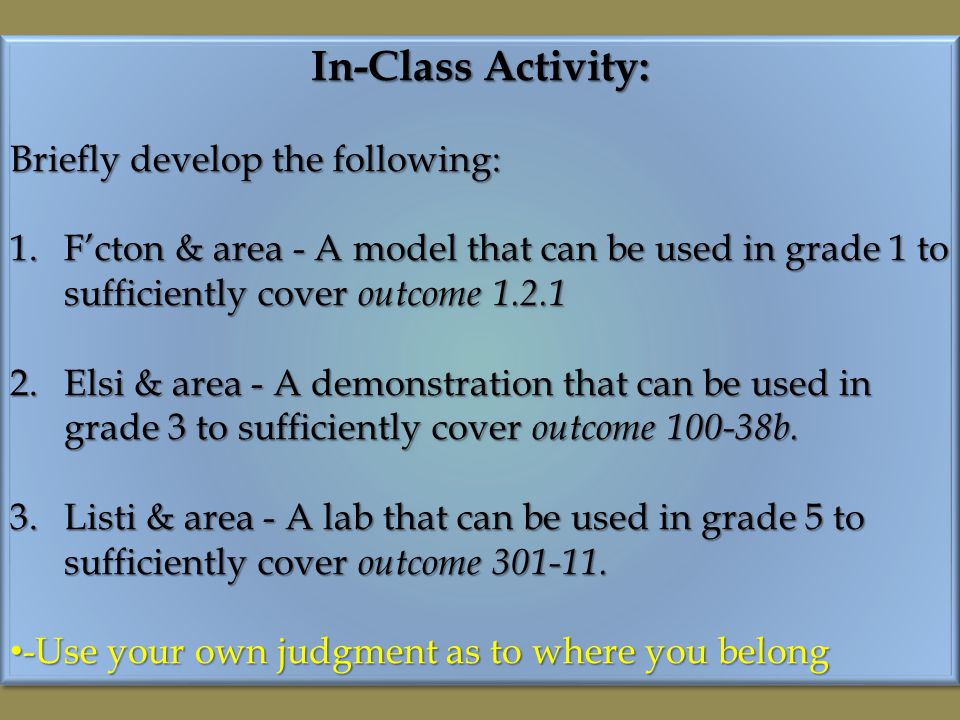 In-Class Activity: Briefly develop the following: 1.F’cton & area - A model that can be used in grade 1 to sufficiently cover outcome Elsi & area - A demonstration that can be used in grade 3 to sufficiently cover outcome b.