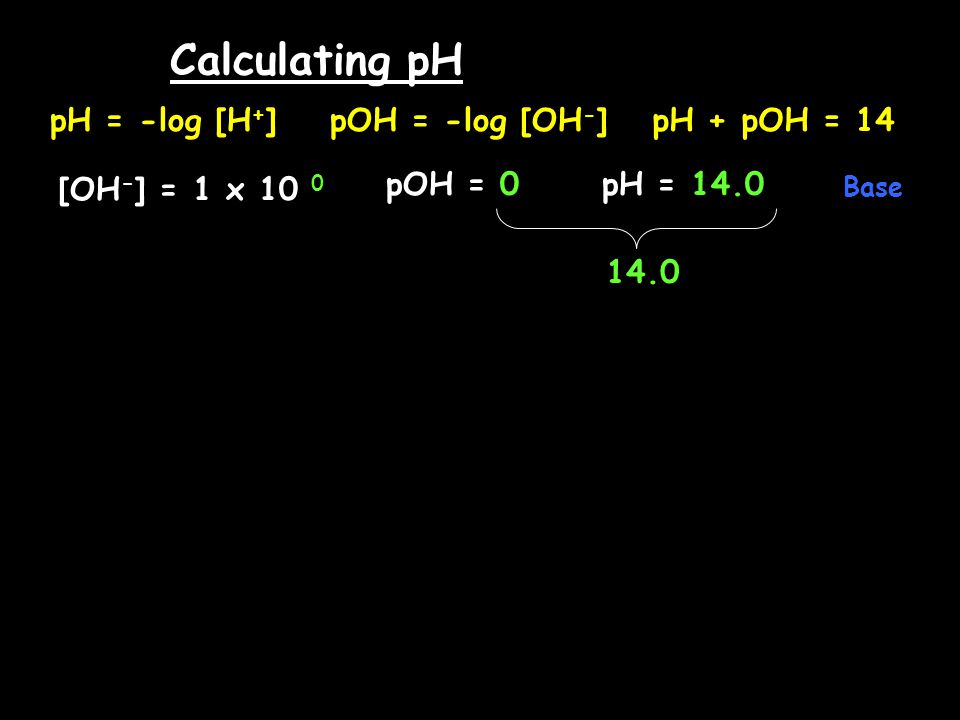 Calculating pH [OH - ] = 1 x 10 0 pOH = 0 Base pH = 14.0 pH + pOH = pH = -log [H + ]pOH = -log [OH - ]
