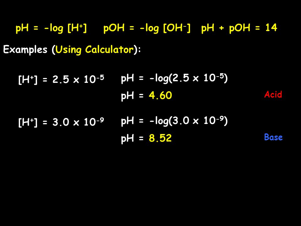 Examples (Using Calculator): pH + pOH = 14 [H + ] = 2.5 x pH = -log(2.5 x ) Acid pH = -log [H + ]pOH = -log [OH - ] pH = 4.60 [H + ] = 3.0 x pH = -log(3.0 x ) Base pH = 8.52