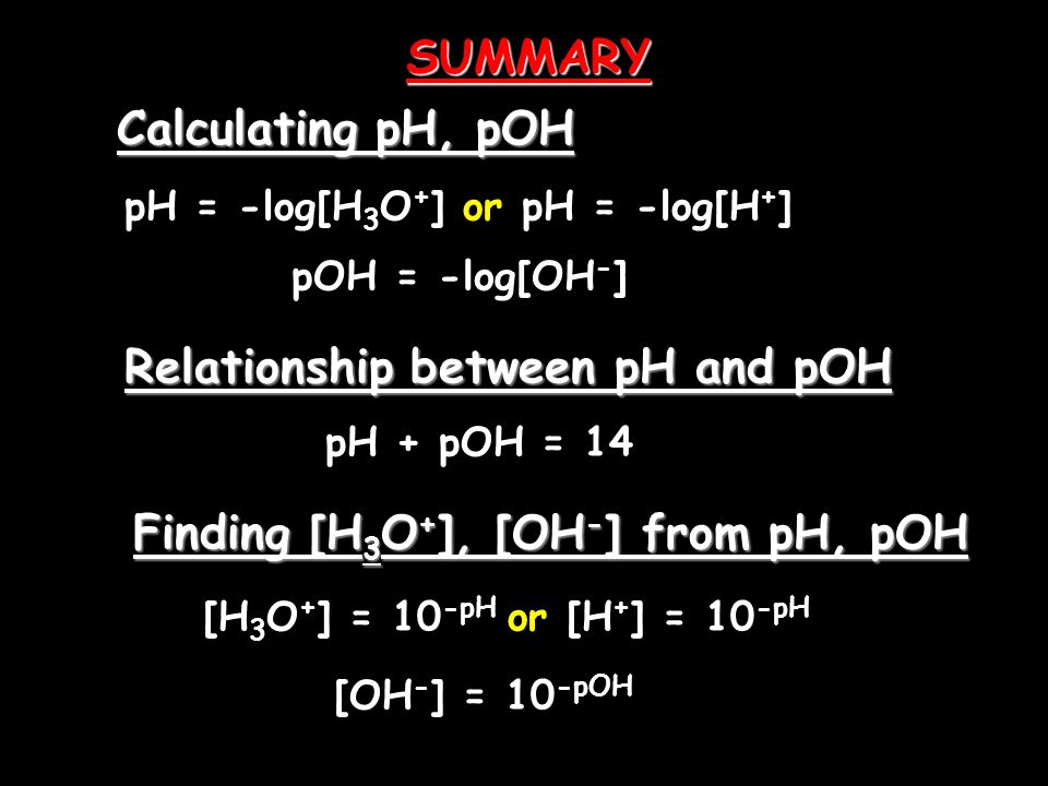 Calculating pH, pOH pH = -log[H 3 O + ] or pH = -log[H + ] pOH = -log[OH - ] Relationship between pH and pOH pH + pOH = 14 Finding [H 3 O + ], [OH - ] from pH, pOH [H 3 O + ] = 10 -pH or [H + ] = 10 -pH [OH - ] = 10 -pOH SUMMARY