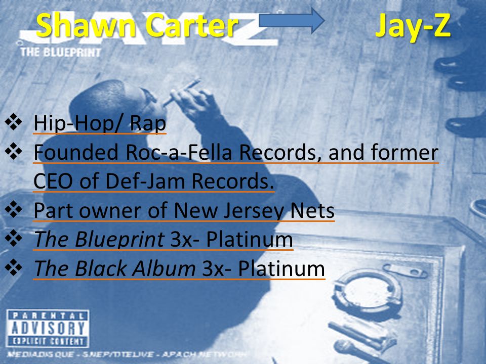 Shawn CarterJay-Z  Hip-Hop/ Rap  Founded Roc-a-Fella Records, and former CEO of Def-Jam Records.