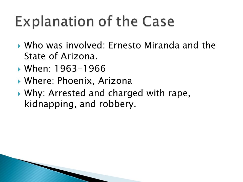  Who was involved: Ernesto Miranda and the State of Arizona.