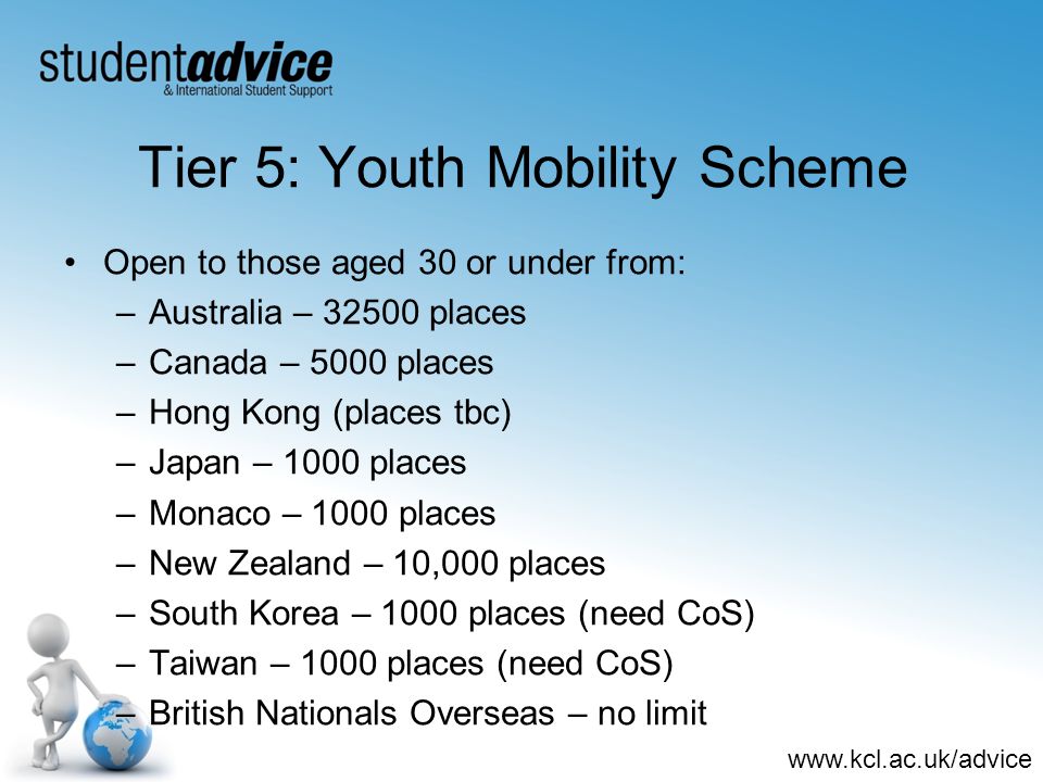 Tier 5: Youth Mobility Scheme Open to those aged 30 or under from: –Australia – places –Canada – 5000 places –Hong Kong (places tbc) –Japan – 1000 places –Monaco – 1000 places –New Zealand – 10,000 places –South Korea – 1000 places (need CoS) –Taiwan – 1000 places (need CoS) –British Nationals Overseas – no limit