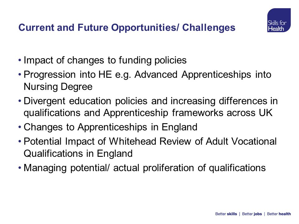 Current and Future Opportunities/ Challenges Impact of changes to funding policies Progression into HE e.g.