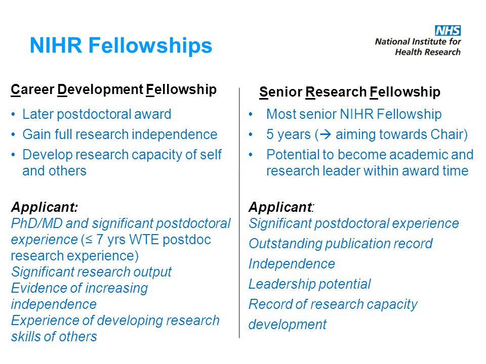 NIHR Fellowships Later postdoctoral award Gain full research independence Develop research capacity of self and others Applicant: PhD/MD and significant postdoctoral experience (≤ 7 yrs WTE postdoc research experience) Significant research output Evidence of increasing independence Experience of developing research skills of others Most senior NIHR Fellowship 5 years (  aiming towards Chair) Potential to become academic and research leader within award time Applicant: Significant postdoctoral experience Outstanding publication record Independence Leadership potential Record of research capacity development Career Development Fellowship Senior Research Fellowship