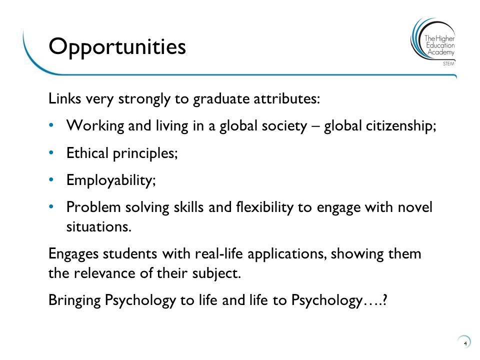 Links very strongly to graduate attributes: Working and living in a global society – global citizenship; Ethical principles; Employability; Problem solving skills and flexibility to engage with novel situations.