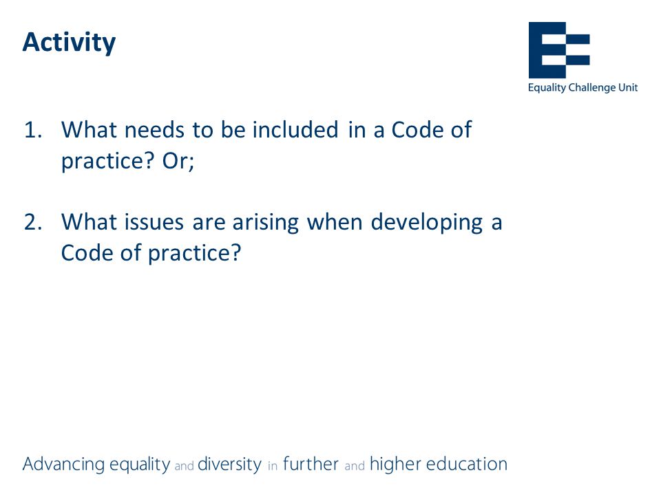 Activity 1.What needs to be included in a Code of practice.