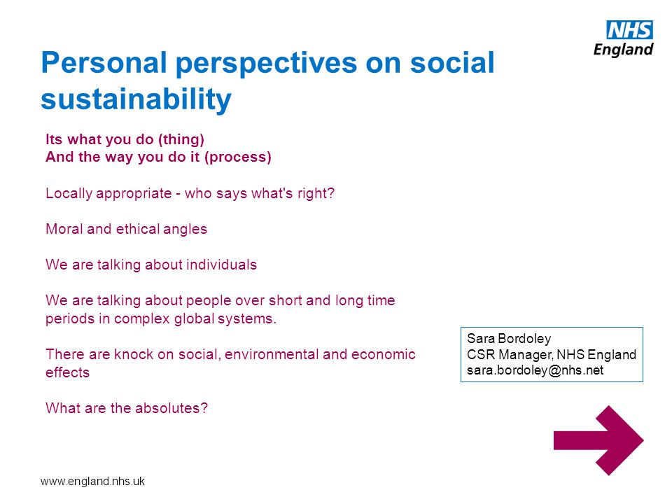 Personal perspectives on social sustainability Its what you do (thing) And the way you do it (process) Locally appropriate - who says what s right.