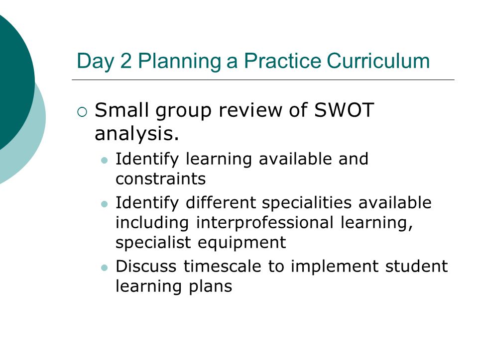Day 2 Planning a Practice Curriculum  Small group review of SWOT analysis.
