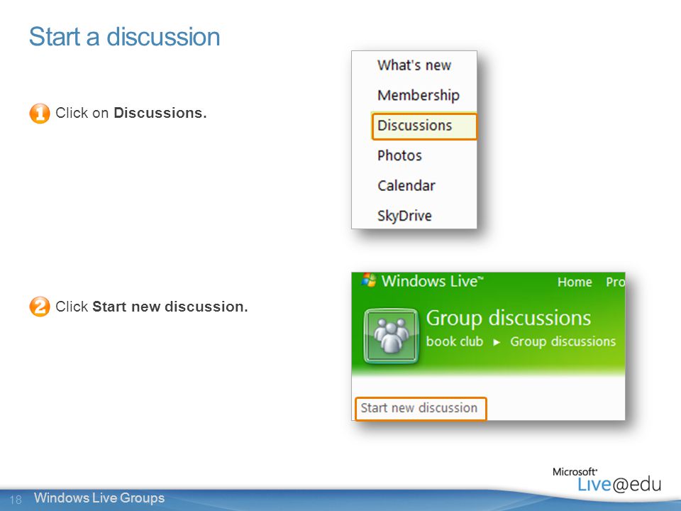 18 Windows Live Groups Start a discussion Click on Discussions. Click Start new discussion.