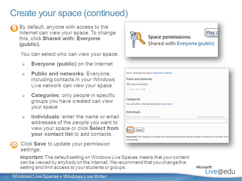 12 Windows Live Spaces + Windows Live Writer Create your space (continued) By default, anyone with access to the Internet can view your space.
