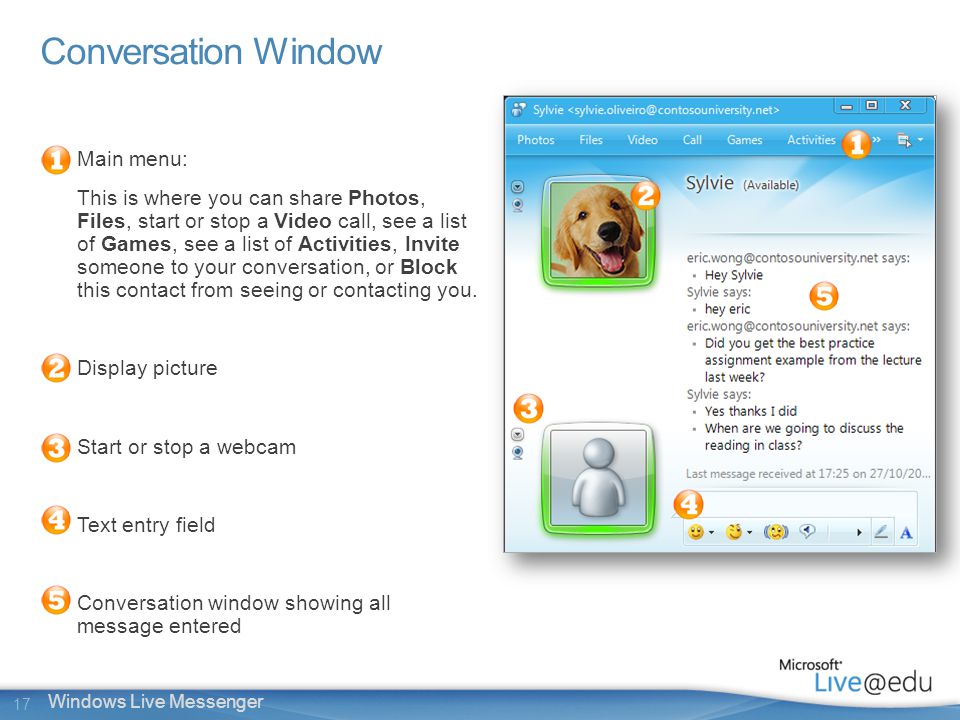 17 Windows Live Messenger Conversation Window Main menu: This is where you can share Photos, Files, start or stop a Video call, see a list of Games, see a list of Activities, Invite someone to your conversation, or Block this contact from seeing or contacting you.