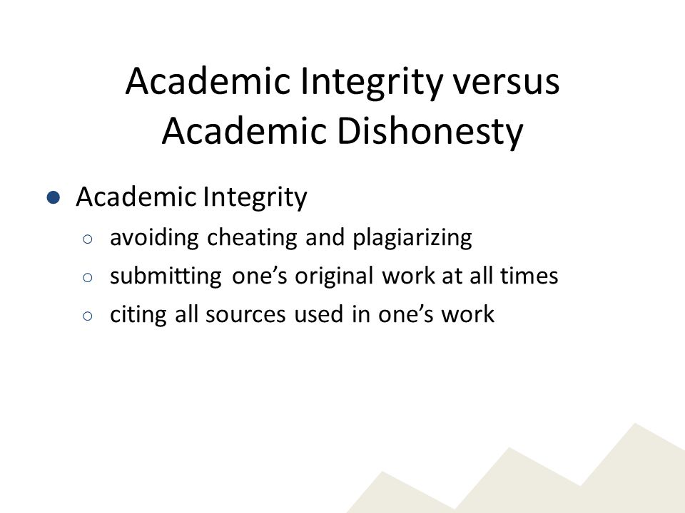 Academic Integrity versus Academic Dishonesty ● Academic Integrity ○ avoiding cheating and plagiarizing ○ submitting one’s original work at all times ○ citing all sources used in one’s work