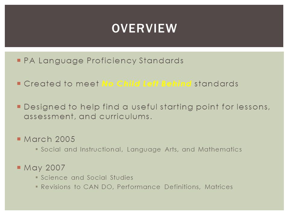  PA Language Proficiency Standards  Created to meet No Child Left Behind standards  Designed to help find a useful starting point for lessons, assessment, and curriculums.