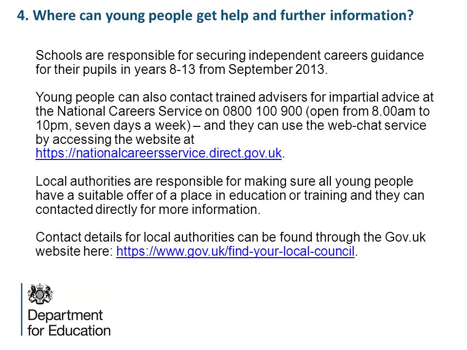 4. Where can young people get help and further information.