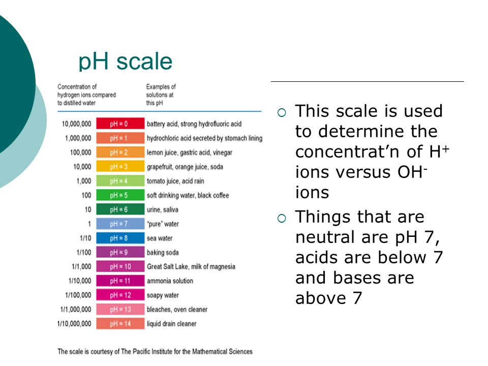 pH scale  This scale is used to determine the concentrat’n of H + ions versus OH - ions  Things that are neutral are pH 7, acids are below 7 and bases are above 7