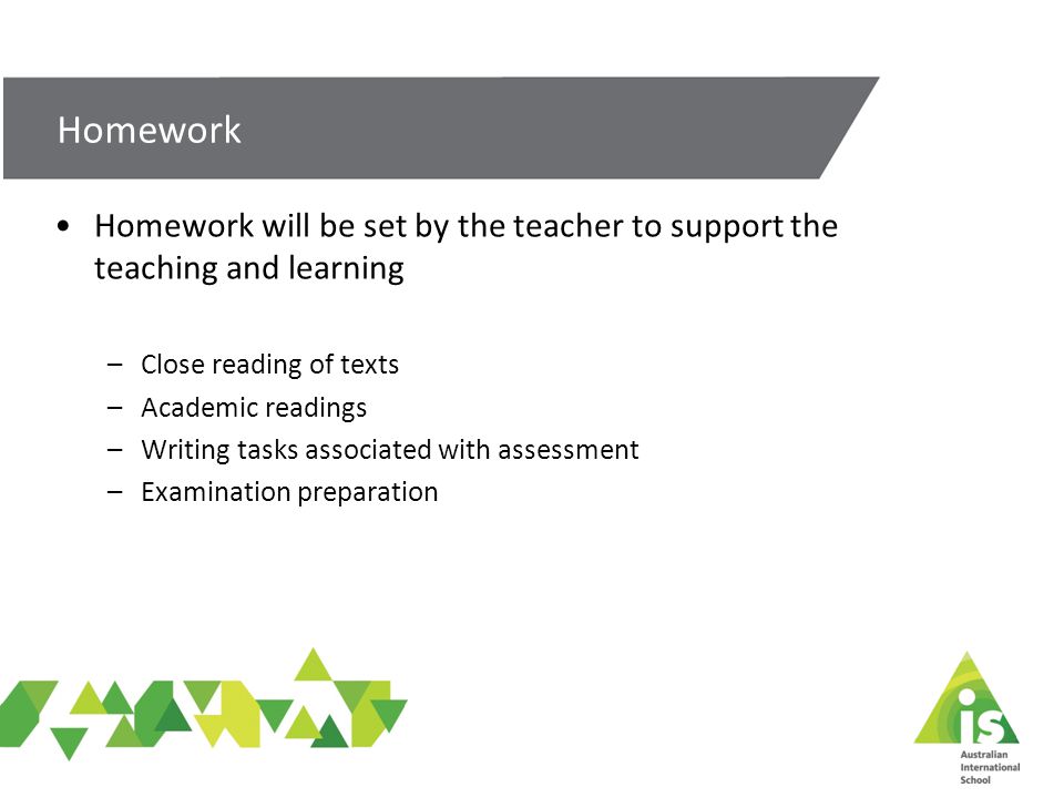 Homework will be set by the teacher to support the teaching and learning –Close reading of texts –Academic readings –Writing tasks associated with assessment –Examination preparation Homework