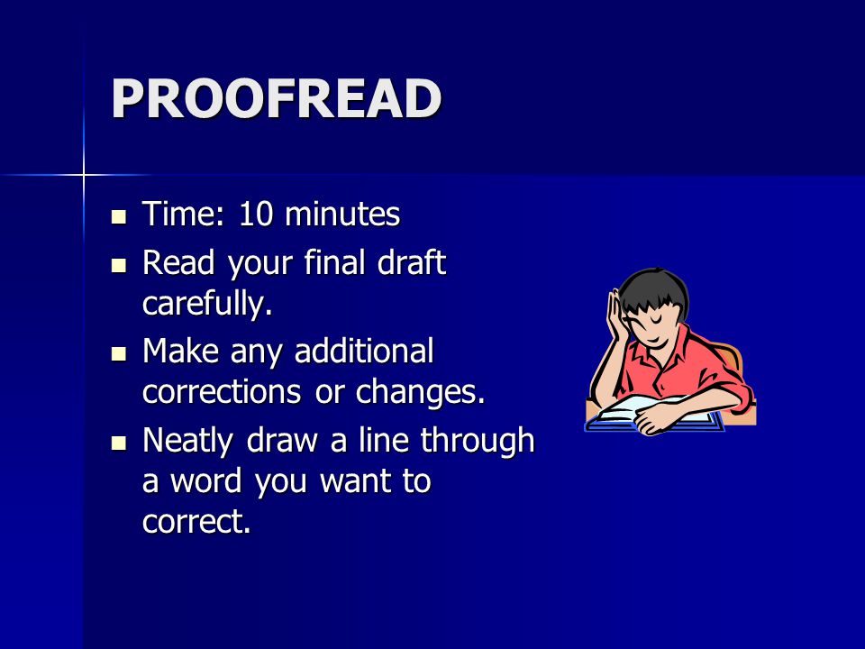 PROOFREAD Time: 10 minutes Time: 10 minutes Read your final draft carefully.