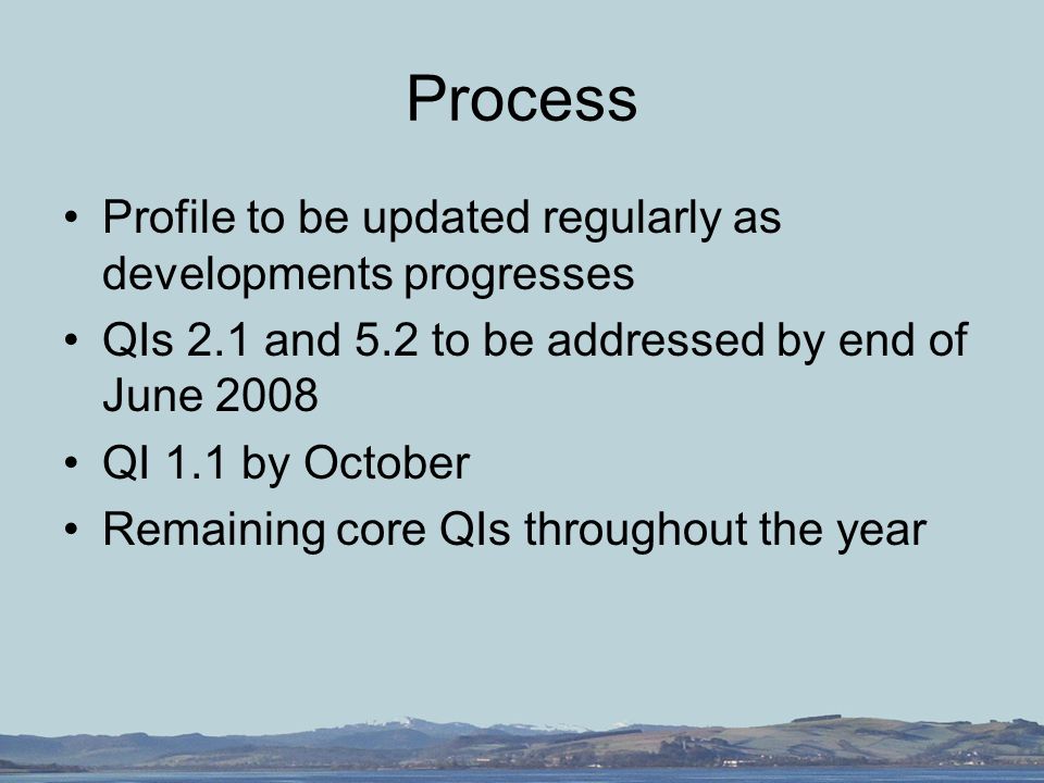 Process Profile to be updated regularly as developments progresses QIs 2.1 and 5.2 to be addressed by end of June 2008 QI 1.1 by October Remaining core QIs throughout the year