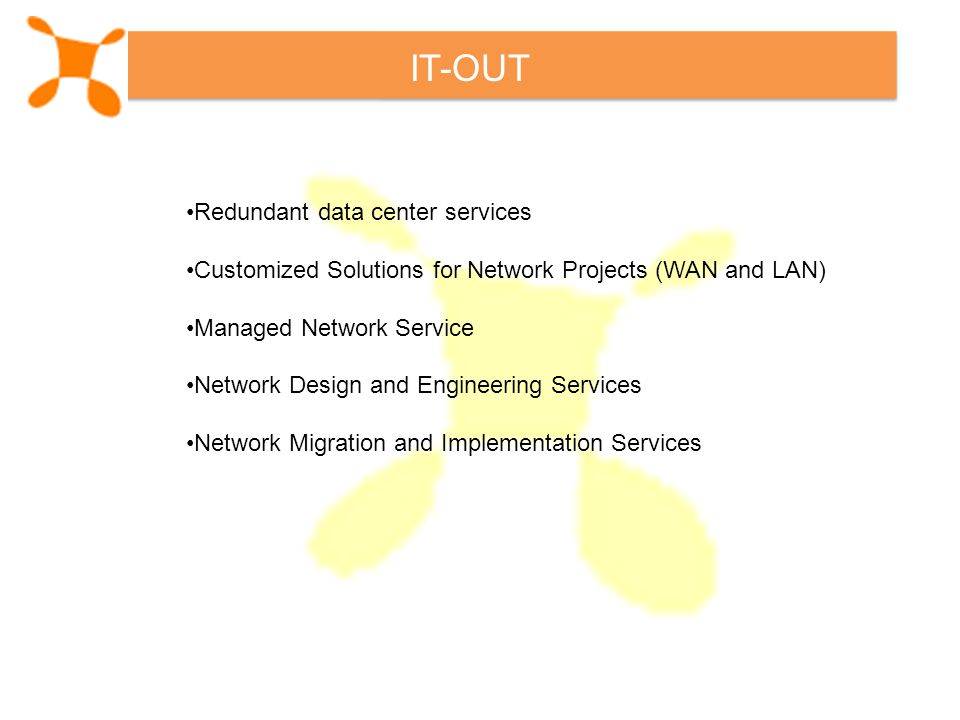IT-OUT Redundant data center services Customized Solutions for Network Projects (WAN and LAN) Managed Network Service Network Design and Engineering Services Network Migration and Implementation Services