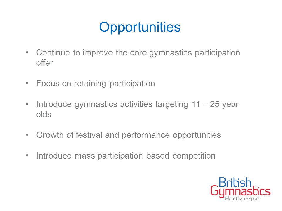 Opportunities Continue to improve the core gymnastics participation offer Focus on retaining participation Introduce gymnastics activities targeting 11 – 25 year olds Growth of festival and performance opportunities Introduce mass participation based competition