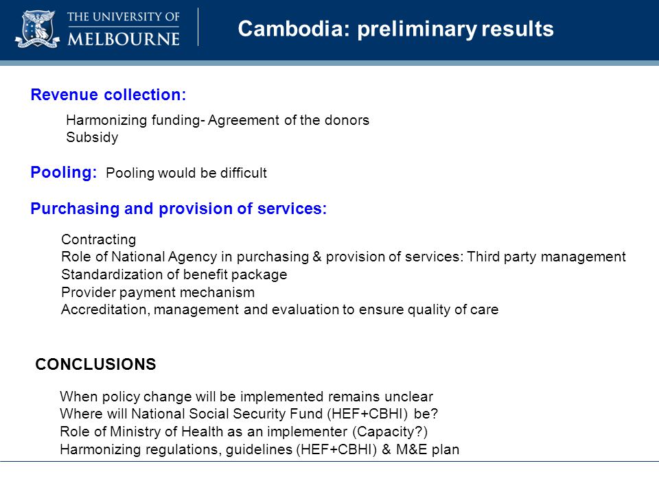 Cambodia: preliminary results CONCLUSIONS When policy change will be implemented remains unclear Where will National Social Security Fund (HEF+CBHI) be.