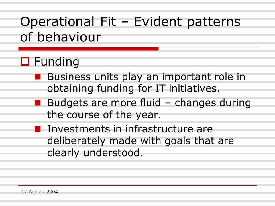 12 August 2004 Operational Fit – Evident patterns of behaviour  Funding Business units play an important role in obtaining funding for IT initiatives.