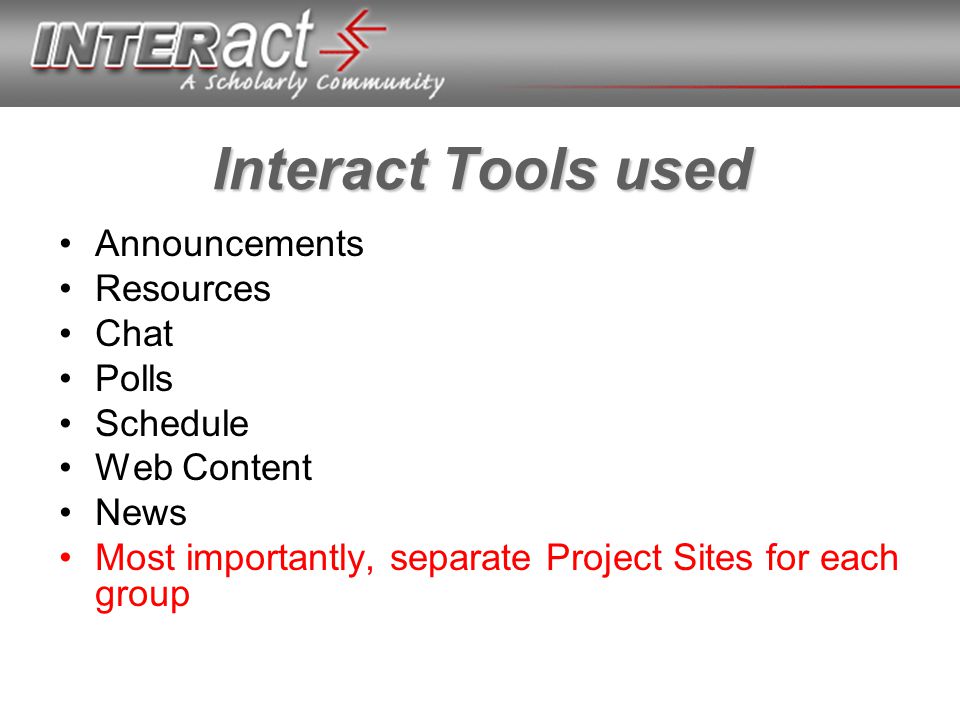 Interact Tools used Announcements Resources Chat Polls Schedule Web Content News Most importantly, separate Project Sites for each group