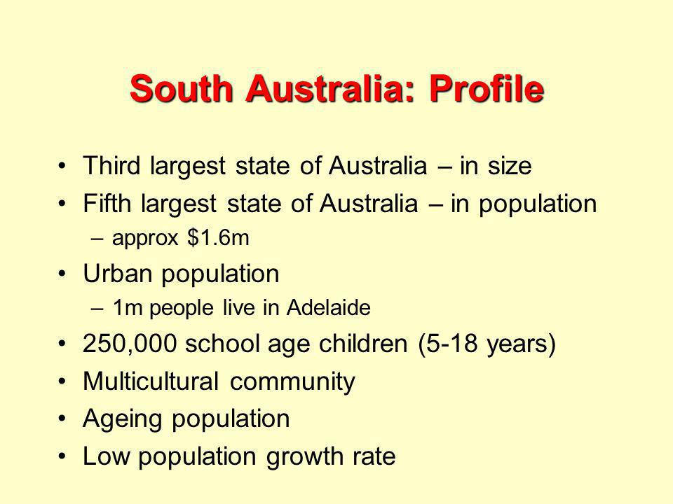 South Australia: Profile Third largest state of Australia – in size Fifth largest state of Australia – in population –approx $1.6m Urban population –1m people live in Adelaide 250,000 school age children (5-18 years) Multicultural community Ageing population Low population growth rate