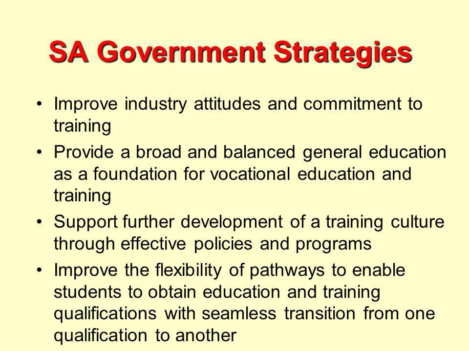 SA Government Strategies Improve industry attitudes and commitment to training Provide a broad and balanced general education as a foundation for vocational education and training Support further development of a training culture through effective policies and programs Improve the flexibility of pathways to enable students to obtain education and training qualifications with seamless transition from one qualification to another