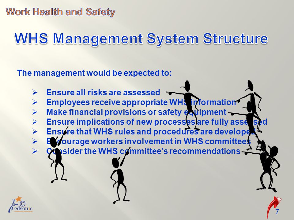 The management would be expected to:  Ensure all risks are assessed  Employees receive appropriate WHS information  Make financial provisions or safety equipment  Ensure implications of new processes are fully assessed  Ensure that WHS rules and procedures are developed  Encourage workers involvement in WHS committees  Consider the WHS committee’s recommendations 7