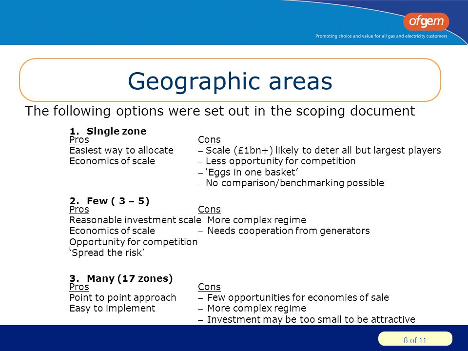 8 of 11 Geographic areas The following options were set out in the scoping document 1.Single zone Pros Easiest way to allocate Economics of scale 2.Few ( 3 – 5) Pros Reasonable investment scale Economics of scale Opportunity for competition ‘Spread the risk’ 3.Many (17 zones) Pros Point to point approach Easy to implement Cons  Scale (£1bn+) likely to deter all but largest players  Less opportunity for competition  ‘Eggs in one basket’  No comparison/benchmarking possible Cons More complex regime Needs cooperation from generators Cons Few opportunities for economies of sale More complex regime Investment may be too small to be attractive