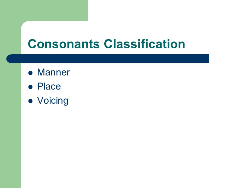 Consonants Classification Manner Place Voicing