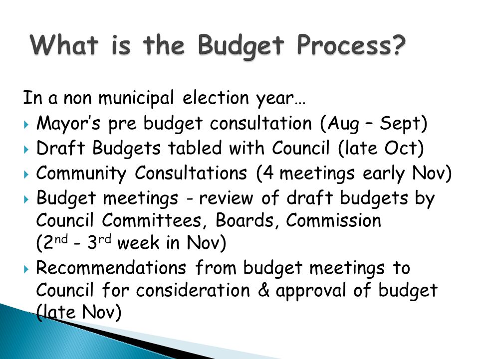 In a non municipal election year…  Mayor’s pre budget consultation (Aug – Sept)  Draft Budgets tabled with Council (late Oct)  Community Consultations (4 meetings early Nov)  Budget meetings - review of draft budgets by Council Committees, Boards, Commission (2 nd - 3 rd week in Nov)  Recommendations from budget meetings to Council for consideration & approval of budget (late Nov)